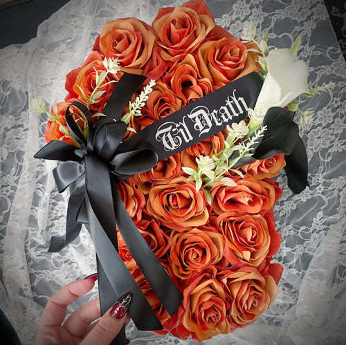 Til Death Rust Colored Coffin Shaped Mourning Inspired Wreath