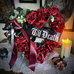 Til Death Large Dark Red Heart Shaped Wreath