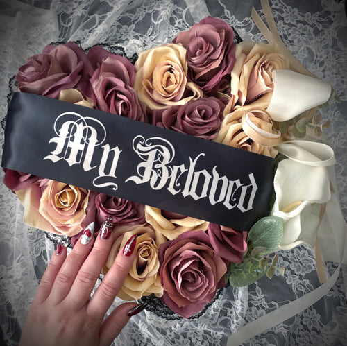 My Beloved Dusty Rose and Antique White Mourning Inspired Heart Shaped Wreath