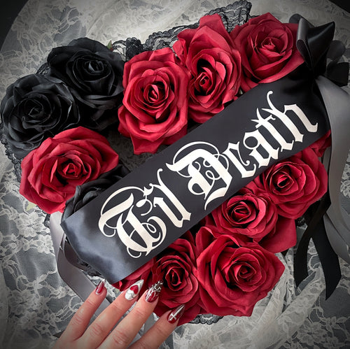 Til Death Deep Red and Black Mourning Inspired Heart Shaped Wreath