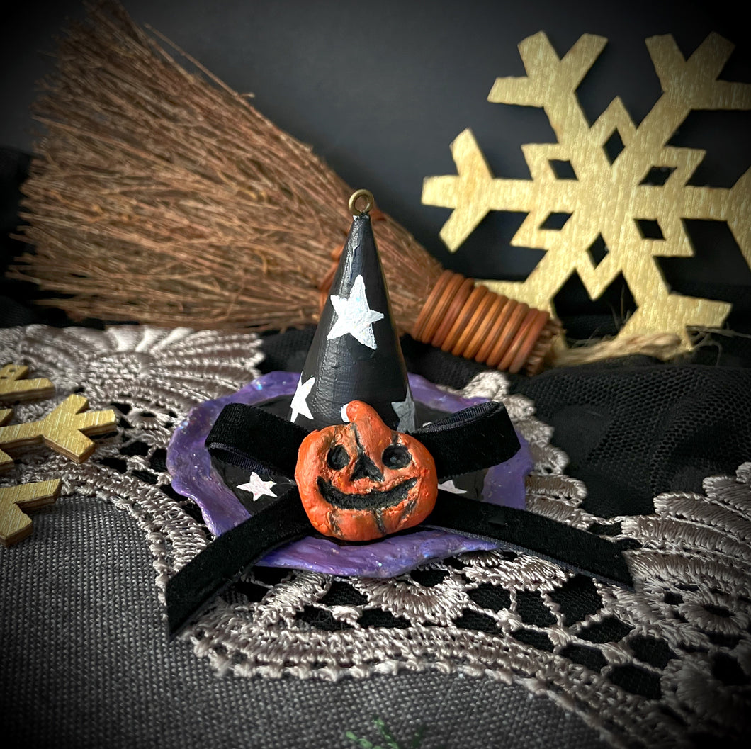 Vintage Halloween Witch's Hat Hand Adorned Ornament